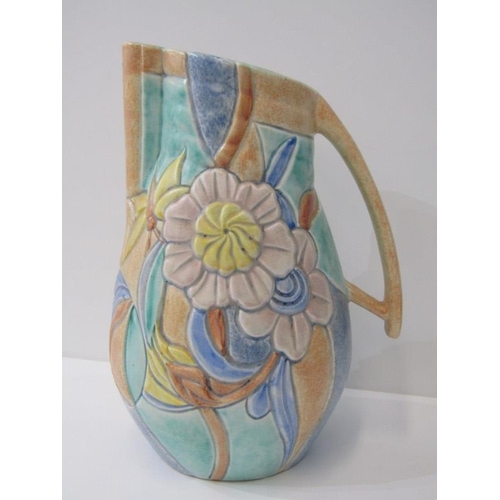 50 - BESWICK, floral relief design Art Deco jug, 27cm high, also spatter glass vase, Canadian mosaic posy... 