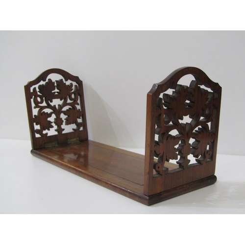 53 - VICTORIAN WALNUT FRET WORK EXTENDING BOOK RACK; also Eastern carved blossom design cigarette dispens... 