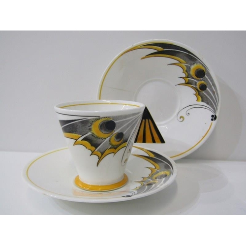 54 - ART DECO, Shelley butterfly design cup & 2 saucers (saucers with hairline cracks), pattern no. 11758