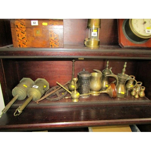 65 - METALWARE, Salter rotating spit & 1 similar, 5 graduated brass weights, caliper & contents of shelf