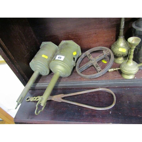 65 - METALWARE, Salter rotating spit & 1 similar, 5 graduated brass weights, caliper & contents of shelf