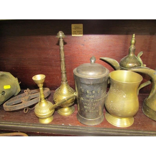 65 - METALWARE, Salter rotating spit & 1 similar, 5 graduated brass weights, caliper & contents of shelf