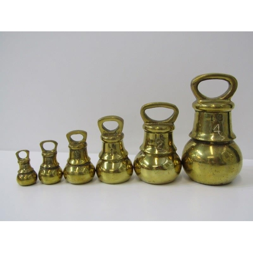 69 - BRASS WEIGHTS, a set of 6 graduated brass weights, from 4lb to 2oz