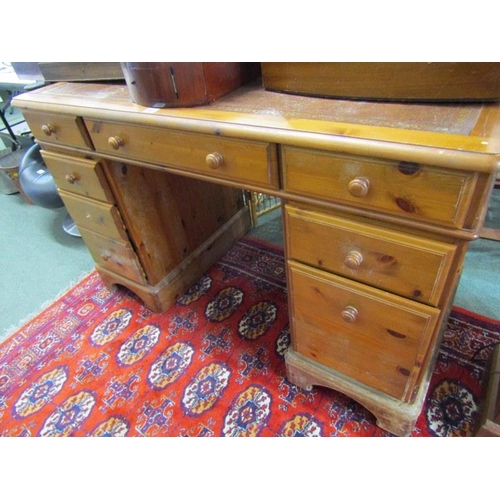 860 - MODERN PINE DESK, modern pine twin pedestal desk with leather inset to top, fitted 9 drawers, 122cm