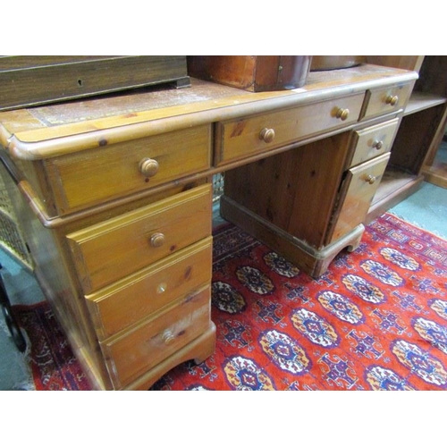 860 - MODERN PINE DESK, modern pine twin pedestal desk with leather inset to top, fitted 9 drawers, 122cm