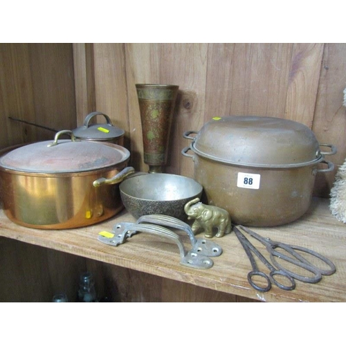 88 - METALWARE, 2 copper pans, Benares vase, etc