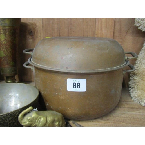 88 - METALWARE, 2 copper pans, Benares vase, etc