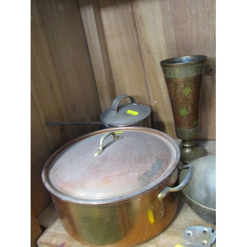 88 - METALWARE, 2 copper pans, Benares vase, etc