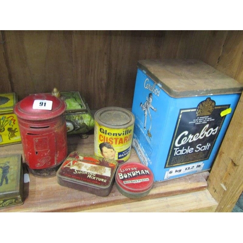 91 - VINTAGE TINS, Thorne's Toffee post box money box, Edwardian mountaineering toffee box and contents o... 