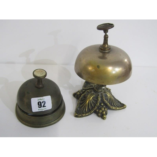 92 - ANTIQUE METALWARE, vintage brass counter top shop bell and 1 similar