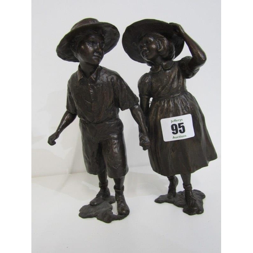 95 - BRONZE SCULPTURE, cast sculpture of Brother and Sister, 21cm height; together with similar figure 