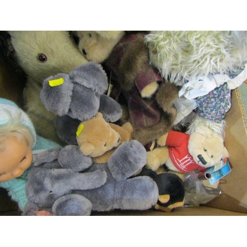 197 - BOX OF CUDDLY TOY FIGURES, Boyds bear figure, a Commonwealth Games 2002 bear, vintage dog pyjama cas... 