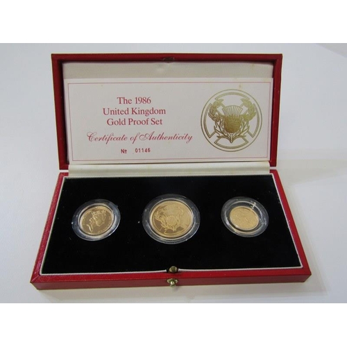 10 - 1986 UK gold proof 3-coin set, consisting of 2 pounds, sovereign & half sovereign. In excellent cond... 