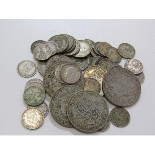 12 - Pre-1947 silver half crowns x4, florin, shillings x2, sixpences x7 & threepences x33. 142 grams