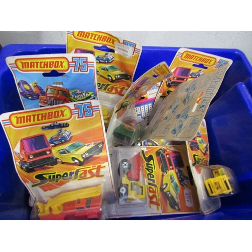 180 - VINTAGE MATCHBOX, tub of Matchbox 75 Superfast vehicles in sealed packets; fire engines, Caterpillar... 