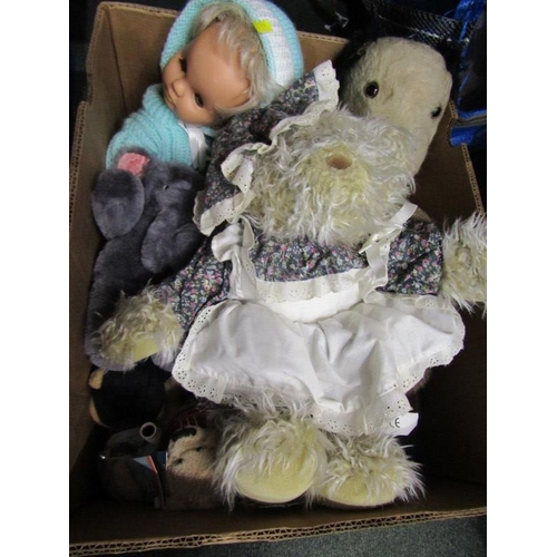 197 - BOX OF CUDDLY TOY FIGURES, Boyds bear figure, a Commonwealth Games 2002 bear, vintage dog pyjama cas... 