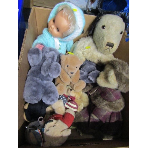 197 - BOX OF CUDDLY TOY FIGURES, Boyds bear figure, a Commonwealth Games 2002 bear, vintage dog pyjama cas... 