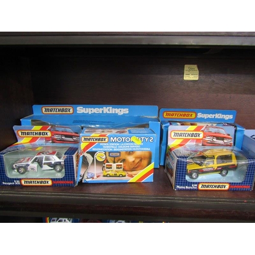 210 - MATCHBOX, shelf of Matchbox diecast vehicles; Superkings race support set, Superkings Peugeot 205, M... 