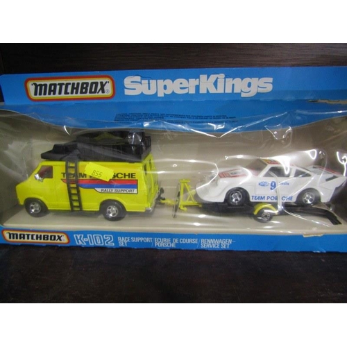 210 - MATCHBOX, shelf of Matchbox diecast vehicles; Superkings race support set, Superkings Peugeot 205, M... 