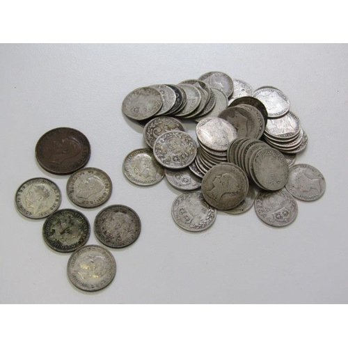 23 - Pre-1920 silver threepences in various condition, 77 grams, together with pre-1947 silver threepence... 