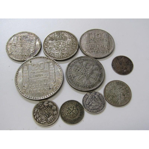 24 - Pre-1947 silver, including 1938 French 20 francs, 10 francs x2, florins x2 etc., 71 grams, together ... 