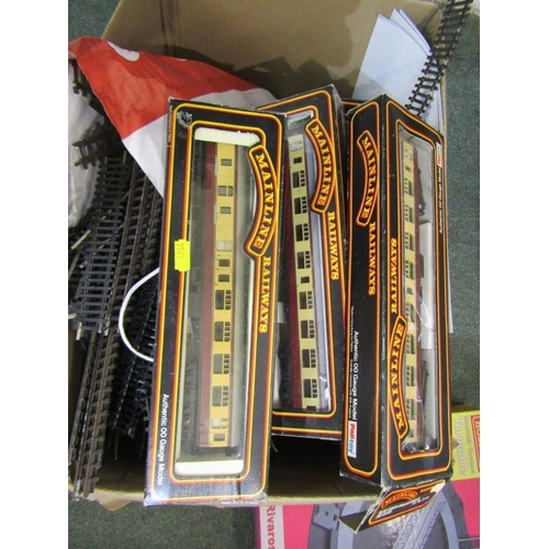 246 - RAILWAYS, Mainline 00 gauge railways, large box of various coaches in boxes, also large bag of track... 