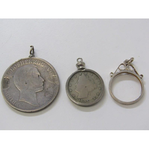 28 - 1858 Friedrich Prussian silver 1 vereinsthaler with pendant mount, 1905 USA silver 5 cents in silver... 