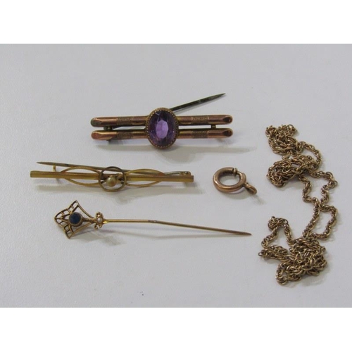 404 - GOLD JEWELLERY, 9ct gold bar brooch set with amethyst, another 9ct gold bar brooch set with seed pea... 