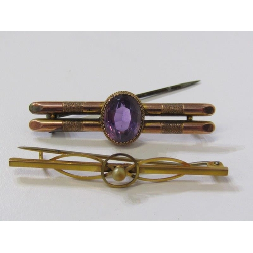 404 - GOLD JEWELLERY, 9ct gold bar brooch set with amethyst, another 9ct gold bar brooch set with seed pea... 