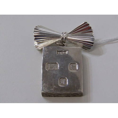 405 - SILVER BROOCHES & PENDANTS, a modern silver ingot pendant with bow brooch finial, 48.4grms, also 3 o... 
