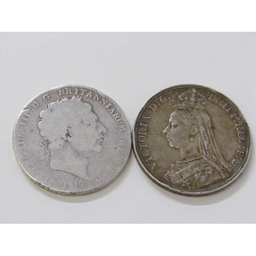 5 - Silver crowns x 2, 1890 Victoria Jubilee Head & 1819 George III A.R.: LIX (worn)