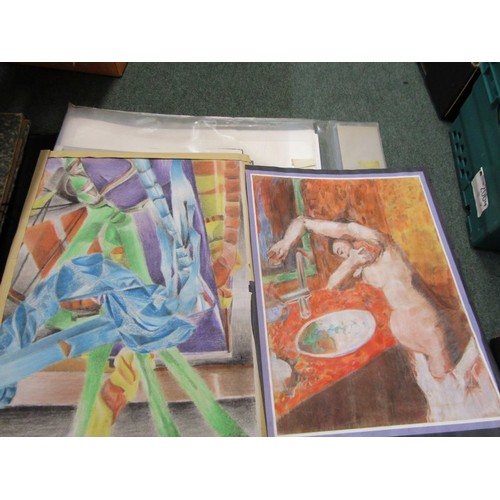 987 - 3 PORTFOLIOS OF UNFRAMED PRINTS, DRAWINGS AND WATERCOLOURS