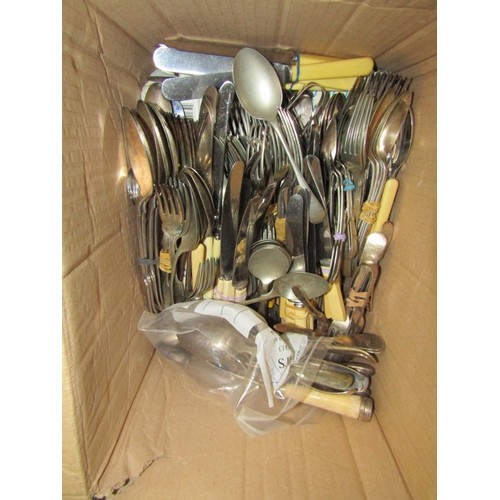 397 - PLATED CUTLERY, box full of plated cutlery including many sets including spoons, forks and knives