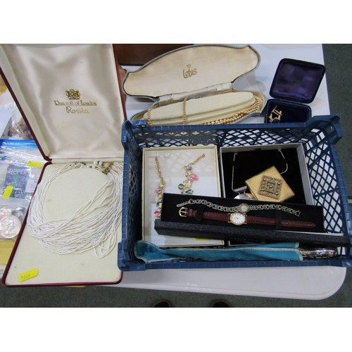 398 - COSTUME JEWELLERY, a box of costume jewellery including faux pearls, wristwatches, cufflinks, silver... 