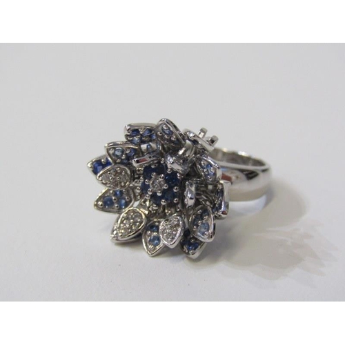 3 - ARTICULATED SAPPHIRE & DIAMOND FLORAL SHAPED RING, 14ct white gold ring set sapphires and diamonds o... 