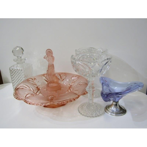 353 - ART DECO, pink glass figure support flower bowl, retro glass dish and 3 other pieces of glassware