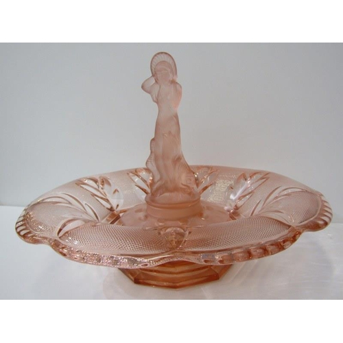 353 - ART DECO, pink glass figure support flower bowl, retro glass dish and 3 other pieces of glassware