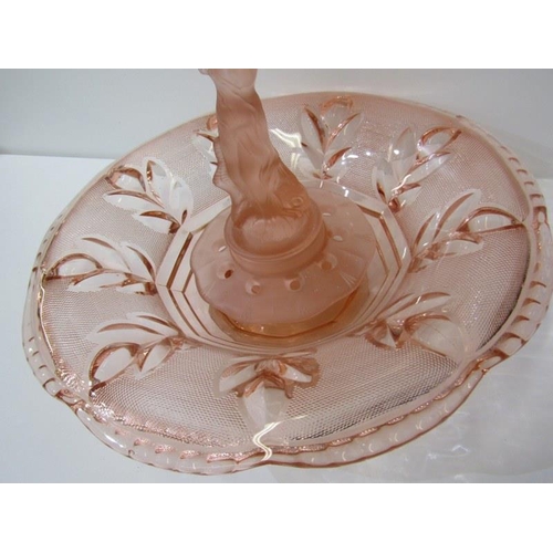 353 - ART DECO, pink glass figure support flower bowl, retro glass dish and 3 other pieces of glassware