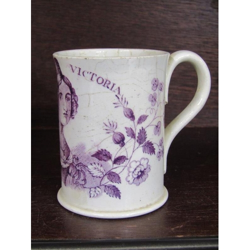 360 - EARLY VICTORIA COMMEMORATIVE, puce transfer narrow cylindrical pottery mug of Queen Victoria, circa ... 