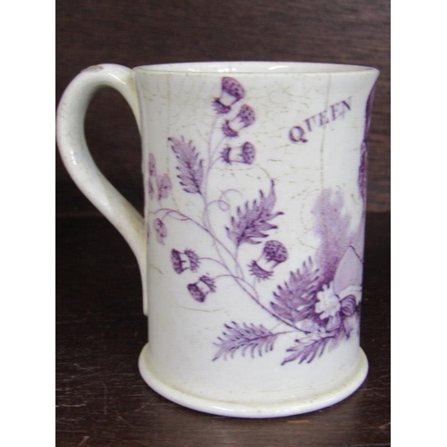 360 - EARLY VICTORIA COMMEMORATIVE, puce transfer narrow cylindrical pottery mug of Queen Victoria, circa ... 