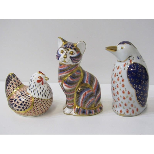 363 - ROYAL CROWN DERBY PAPERWEIGHTS, Seated Cat and Chicken, together with similar Penguin Chick