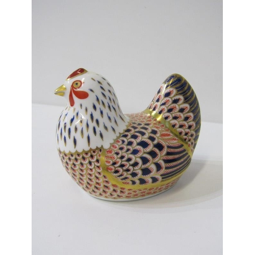 363 - ROYAL CROWN DERBY PAPERWEIGHTS, Seated Cat and Chicken, together with similar Penguin Chick