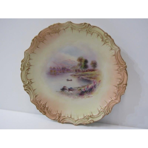 365 - WORCESTER STINTON CABINET PLATE, peach ground gilt edge cabinet plate, painted with reserve of Rydal... 