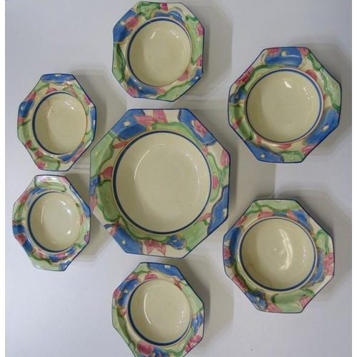 369 - CLARICE CLIFF, floral bordered 7 piece fruit service set