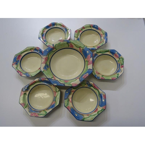 369 - CLARICE CLIFF, floral bordered 7 piece fruit service set