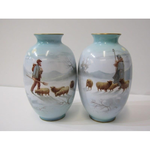 371 - PAIR OF ROYAL DOULTON VASES, decorated with shepherd and sheep in winter scene, 15cm height