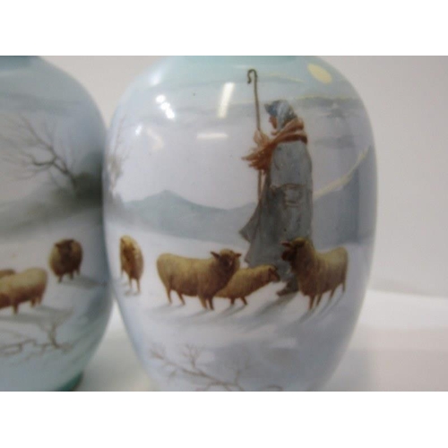 371 - PAIR OF ROYAL DOULTON VASES, decorated with shepherd and sheep in winter scene, 15cm height