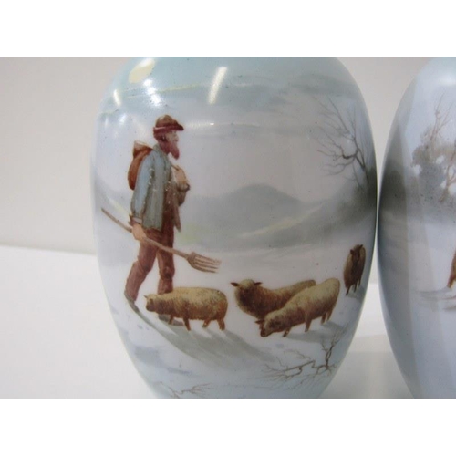 371 - PAIR OF ROYAL DOULTON VASES, decorated with shepherd and sheep in winter scene, 15cm height