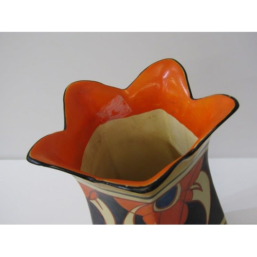 373 - CLARICE CLIFF, orange flower hexagonal petal shaped 21cm vase