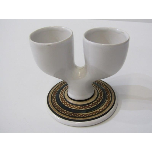 374 - TROIKA, circular base twin egg cup with banded painted decoration